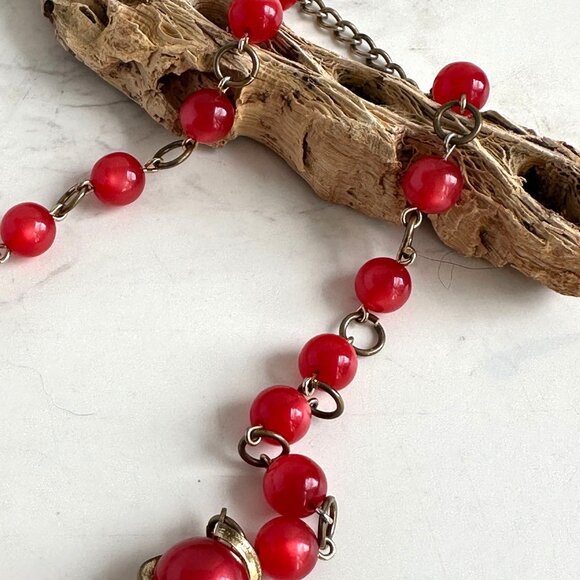 Art Deco Metal Wrapped Red Glass Bead Necklace 16" Vintage Jewelry - Picture 5 of 11